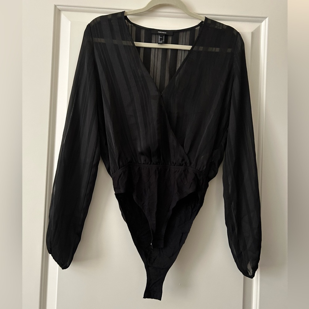 Forever 21 Deep V Sheer Black Bodysuit